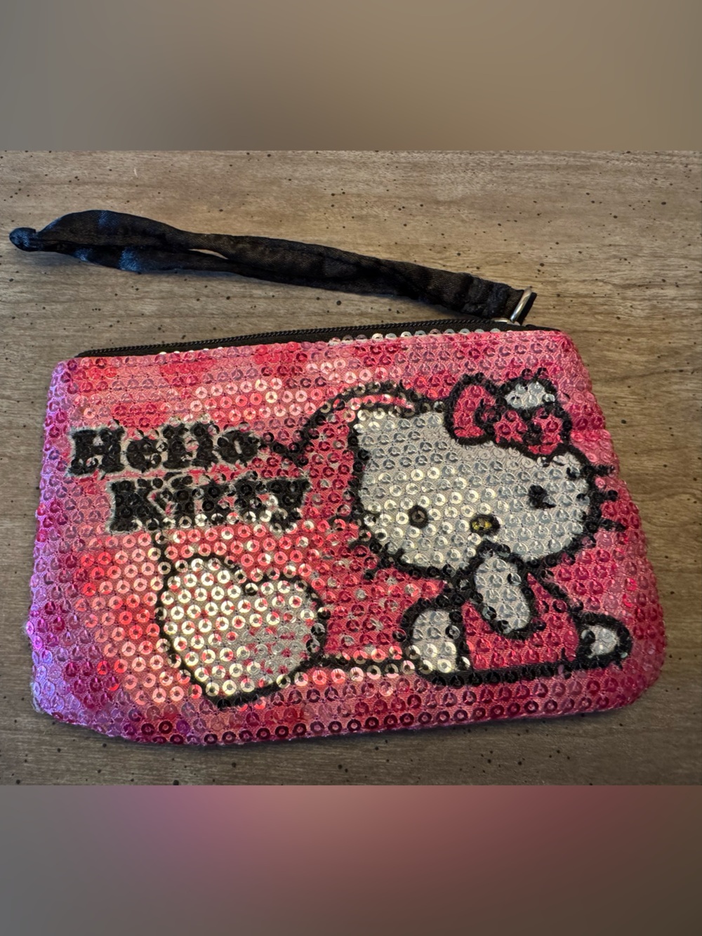 Hello Kitty Pink and White Sequin Wristlet with Black Strap